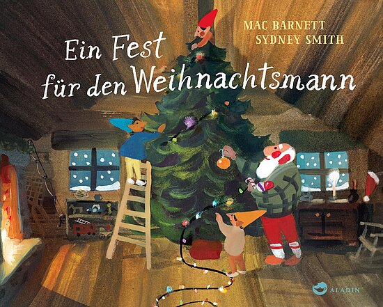 Das Buchcover zeigt eine gemütliche Stube mit einem Weihnachtsbaum, der von Elfen und dem Weihnachtsmann geschmückt wird.