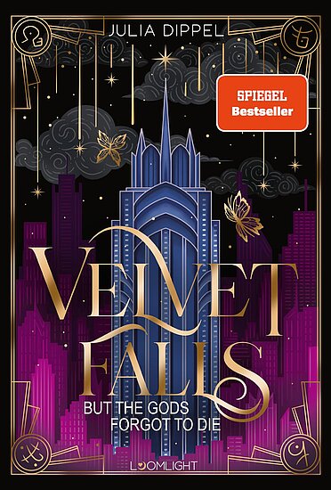 Das Buchcover zeigt eine majestätische, futuristische Skyline mit einem auffälligen Hochhaus in der Mitte. Die Farbpalette umfasst tiefes Violett, Blau und goldene Akzente, umgeben von einer mysteriösen, wolkigen Atmosphäre.