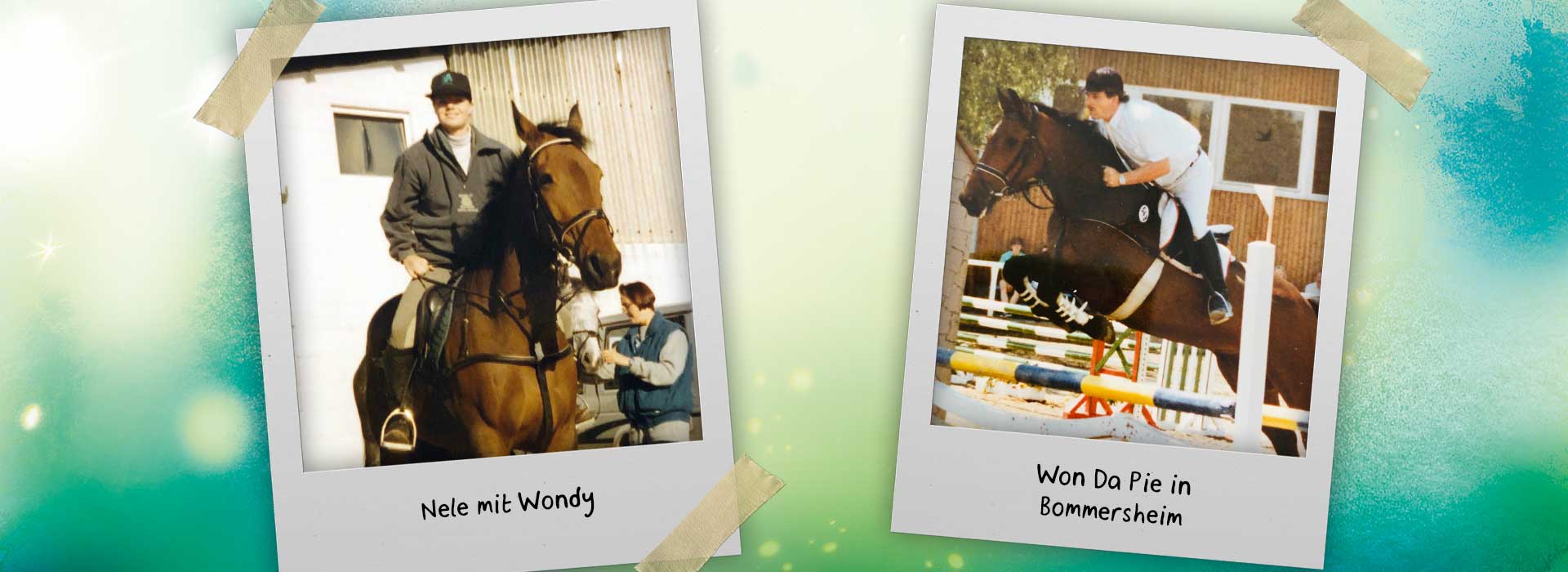 Auf der Grafik sind zwei Fotos zu sehen: Links: Nele reitet auf Wondy. Rechts: Won da Pie in Bommersheim beim Springreiten. 