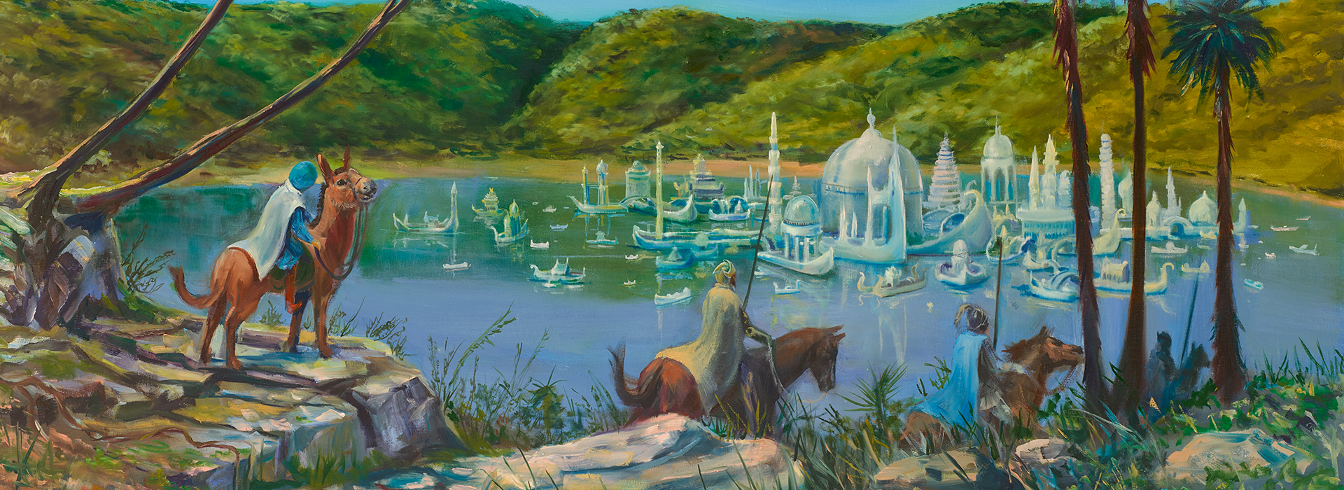 Gemalte Szene aus der Schmuckausgabe: Reiter auf Pferden blicken auf eine schimmernde, weiße Palaststadt, die auf einem See inmitten grüner Hügel schwimmt.
